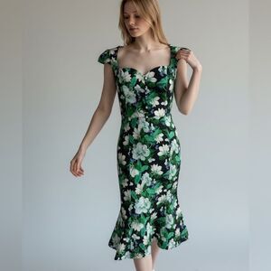 Anthropology the Cecily Fit Floral Green and White Mermaid Midi Dress Flowers